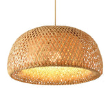 Woven bamboo pendant light shade lit warm
