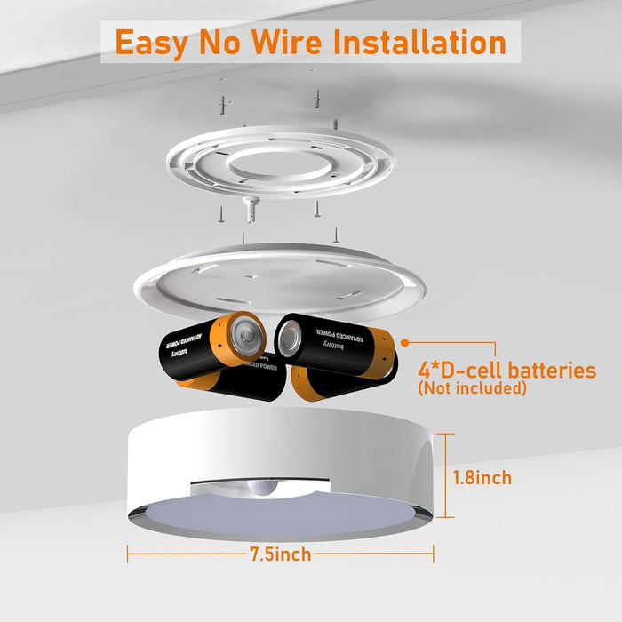 No-wire installation: 7.5 inch wide, 1.8 inch deep, runs on D-cell batteries