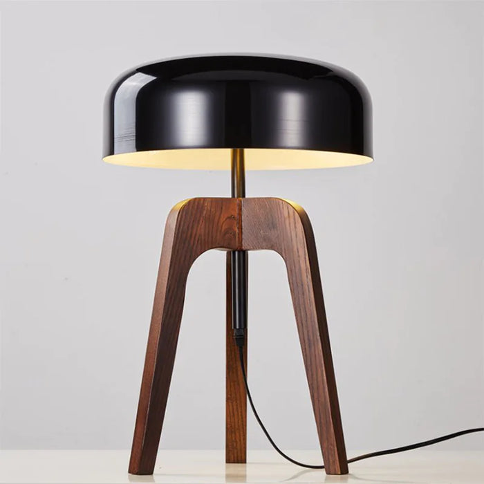 Walnut tripod lamp with black dome shade