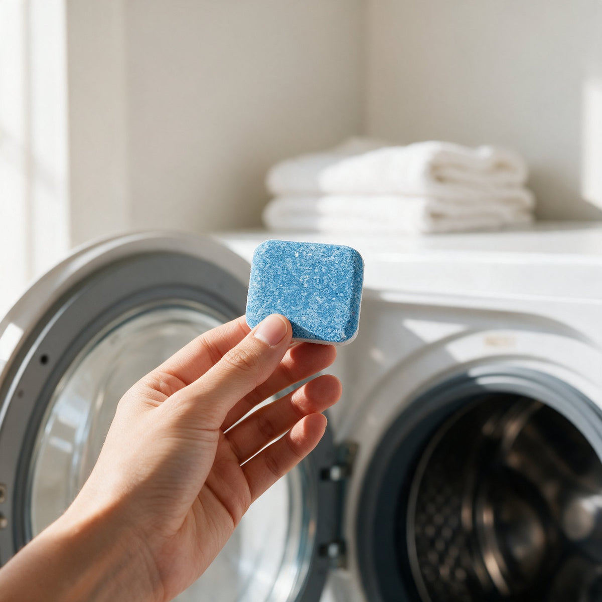 A hand holding a blue cleaning tablet in front of an open front-load washing machine in a bright laundry room