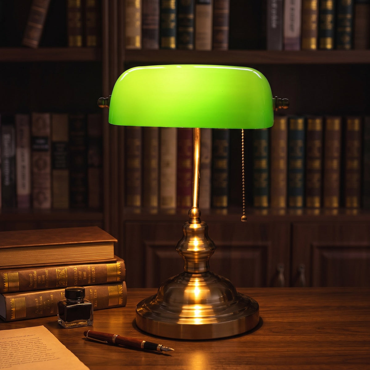 Vintage banker's desk lamp with green glass shade and brass base glowing on a walnut desk in a library