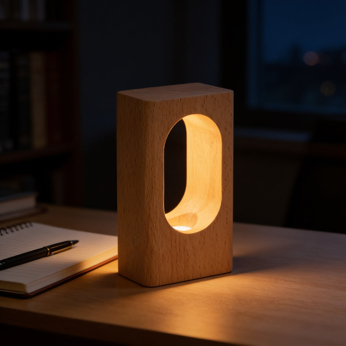 Beech wood block desk lamp with a glowing oval cutout on a dark desk