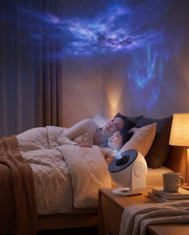 Parent and child watching the galaxy projector starfield