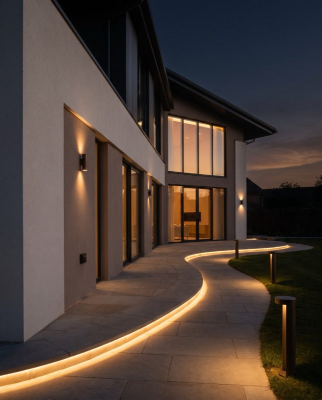 Home exterior at night traced by a run of warm outdoor lights
