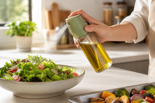 2-in-1 glass olive oil sprayer lifestyle hero — mist & pour on counter