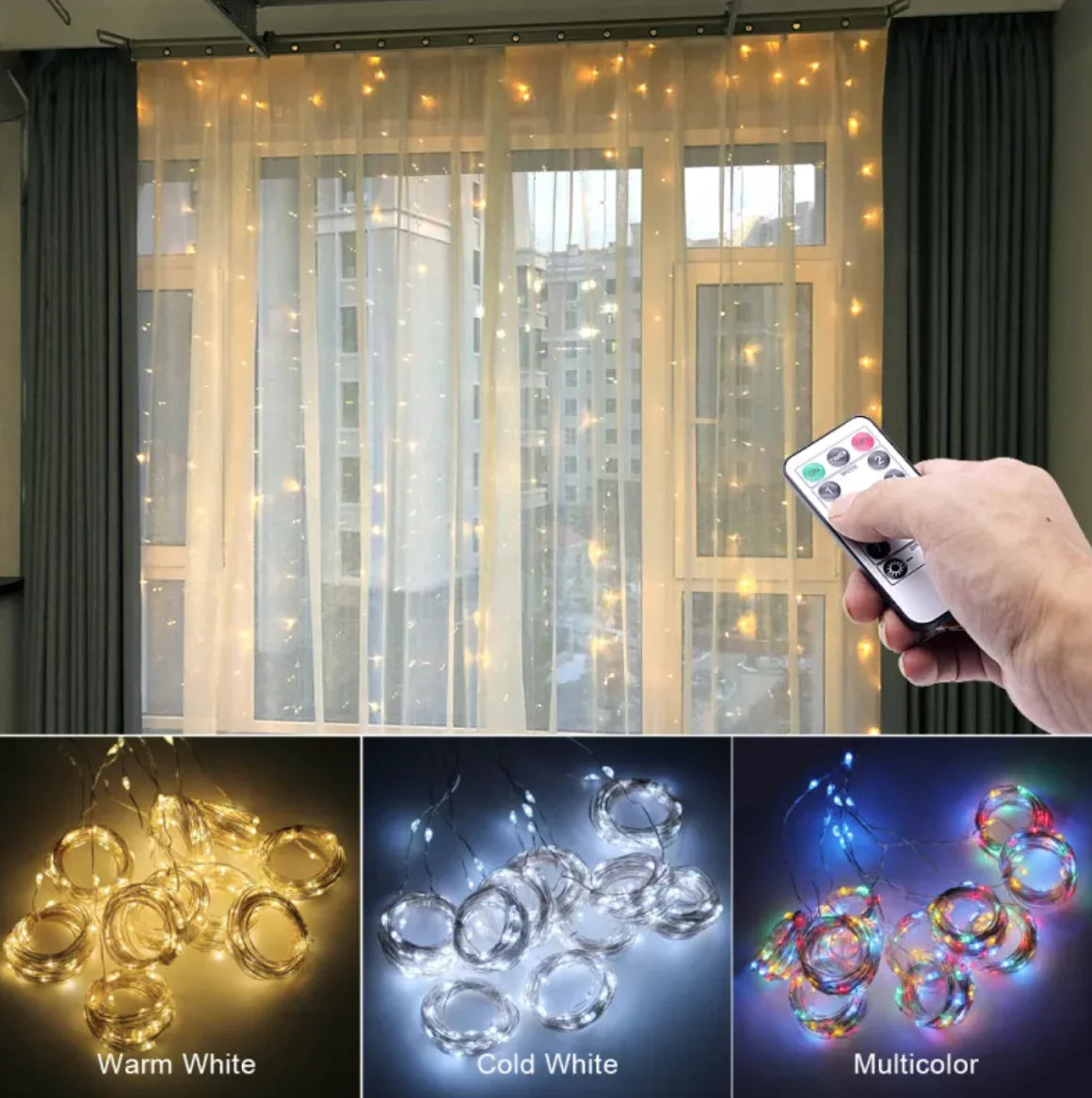 Curtain string lights hung over a window, operated by remote