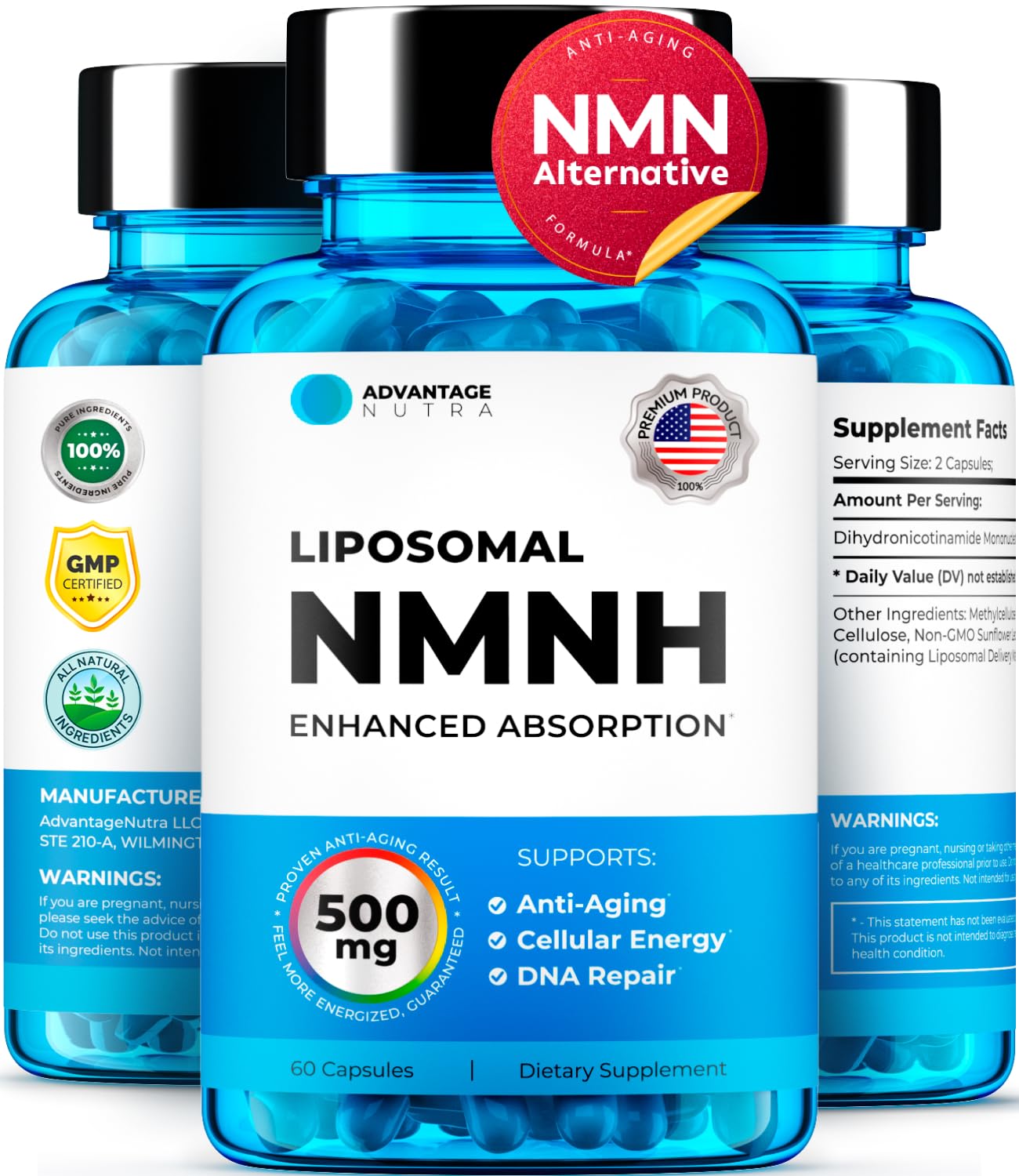 AdvantageNutra NMN Supplement Alternative - NMNH (Dihydronicotinamide Mononucleotide) 500mg Per Serving 60 Count (30 Servings) NAD Supplement to Boost NAD+ Levels
