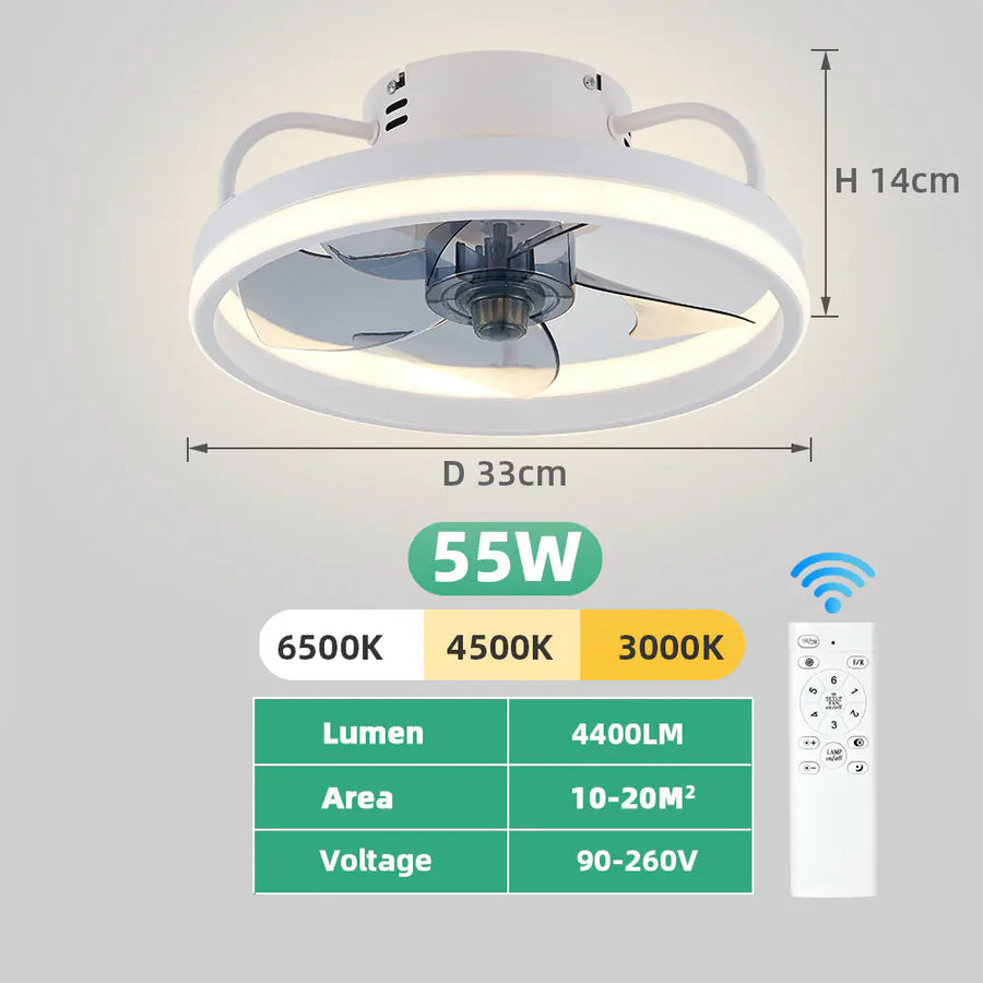 Fan light dimensions 33cm diameter, 14cm high, 55W, 4400lm