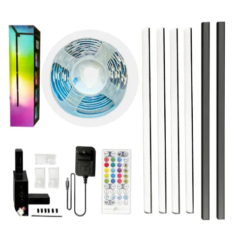 What is in the box: corner lamp poles, LED strip, remote and adapter