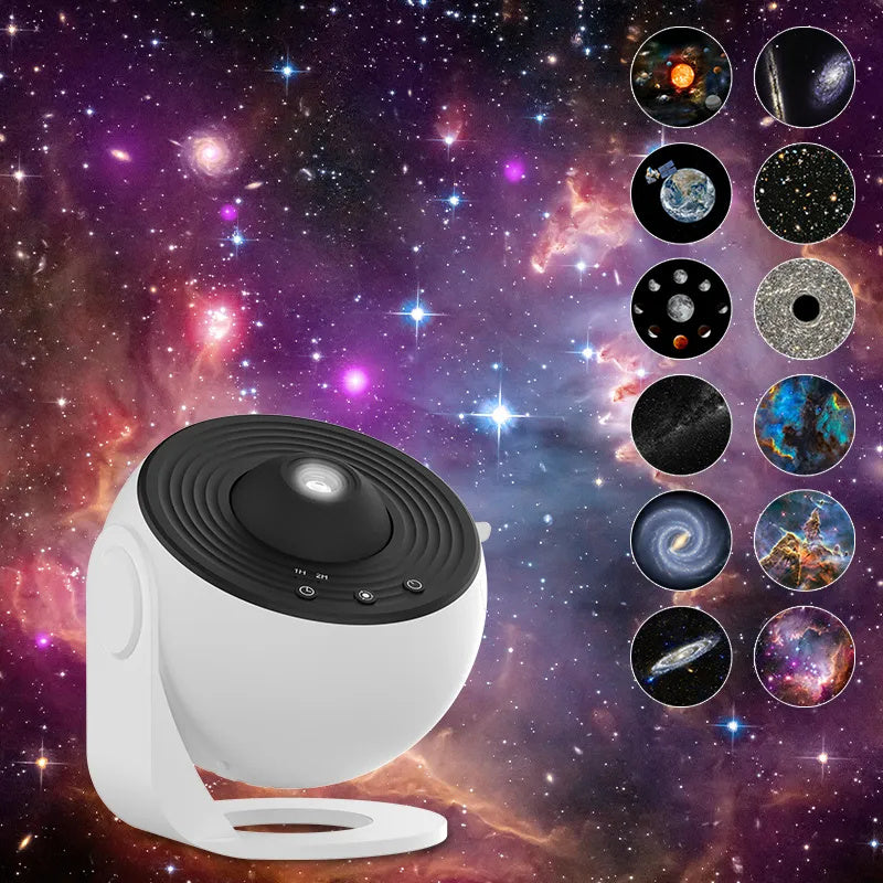 White projector against a projected purple nebula, with the twelve disc scenes shown as circles