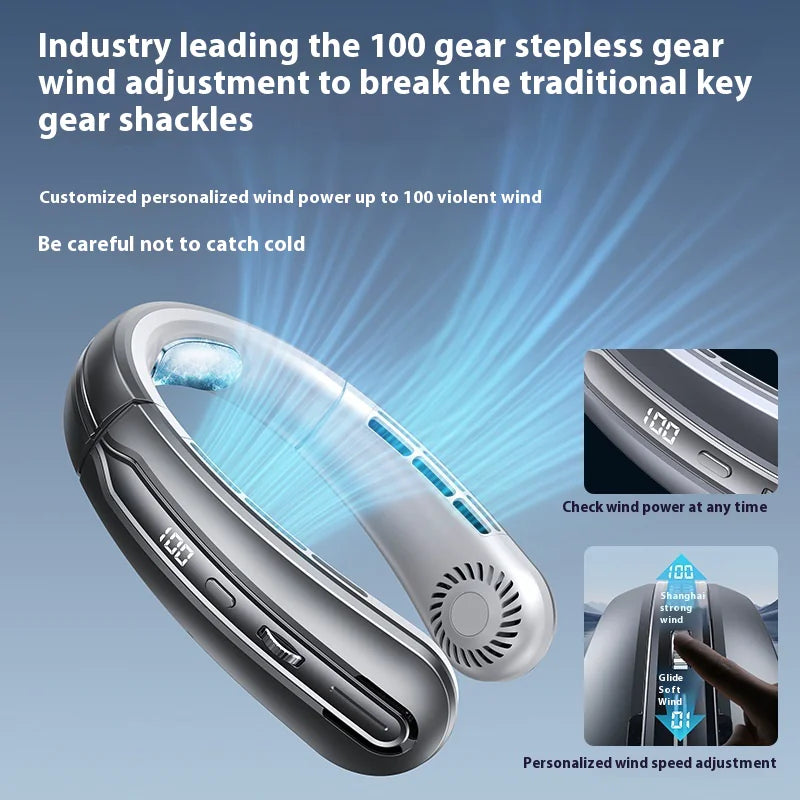 Bladeless neck fan worn hands-free around the neck