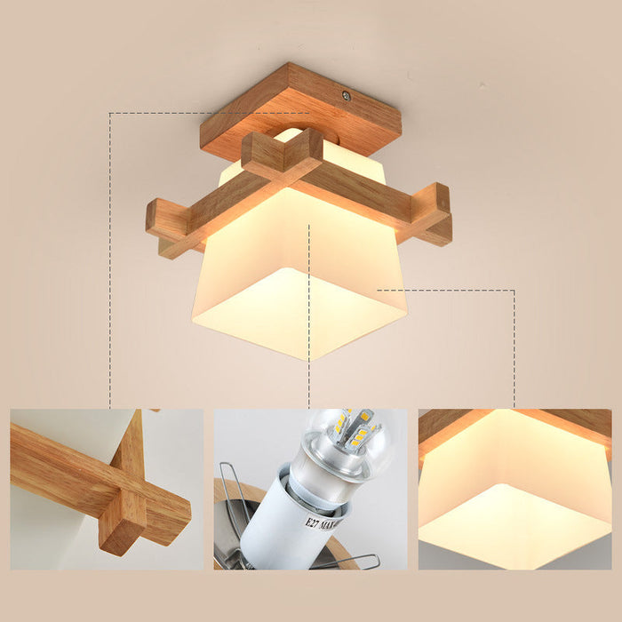 Wood joinery, lamp holder and glass shade detail