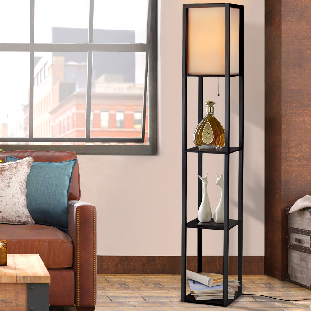 Shelf floor lamp beside a sofa
