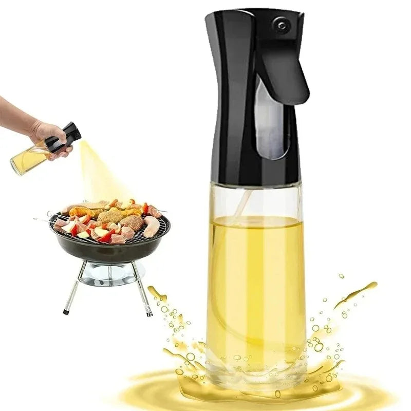 Glass oil sprayer with black lid — fine mist demo