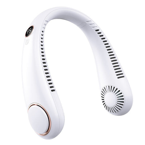Bladeless neck fan in white with its digital speed display