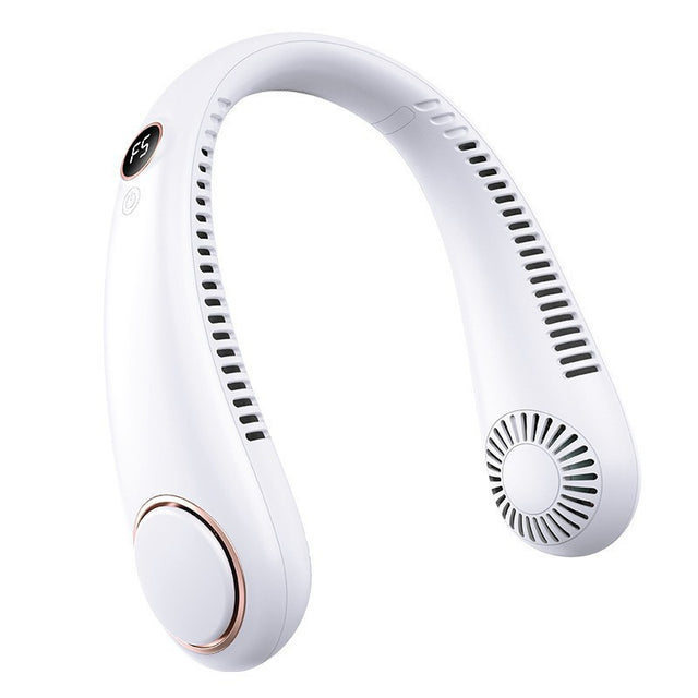 Bladeless neck fan in white with its digital speed display