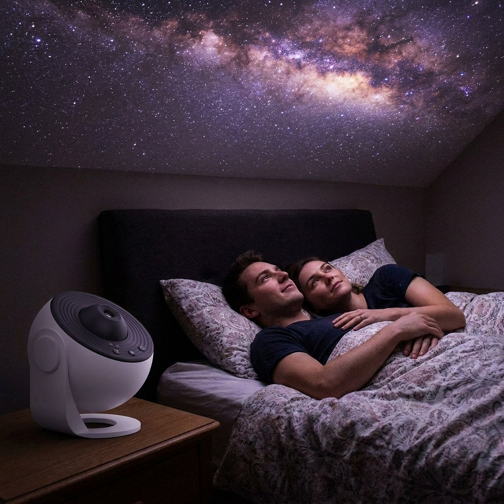 A couple lying in bed looking up at a starfield projected across their bedroom ceiling