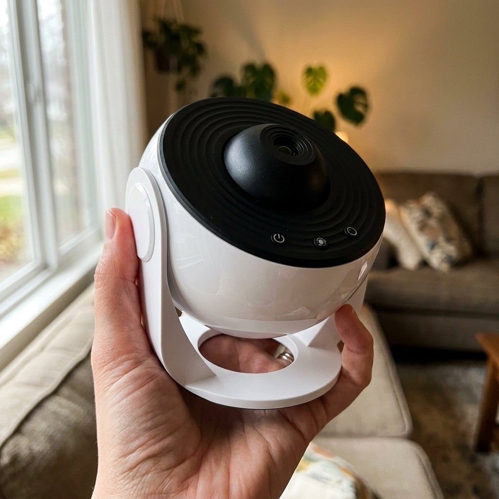 The galaxy projector held in one hand, showing it is about the size of a grapefruit