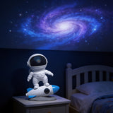 Astronaut star projector night light casting a nebula across a child's bedroom ceiling