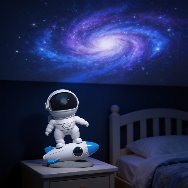 Astronaut star projector night light casting a nebula across a child's bedroom ceiling