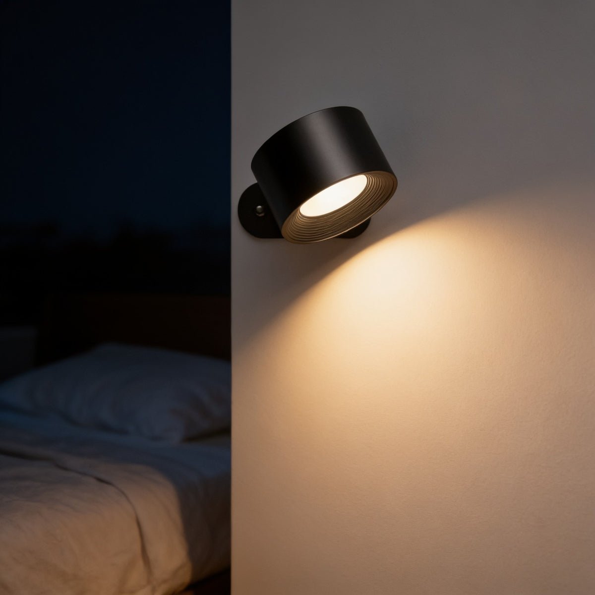 Black cordless magnetic wall sconce casting a warm pool of light beside a bed