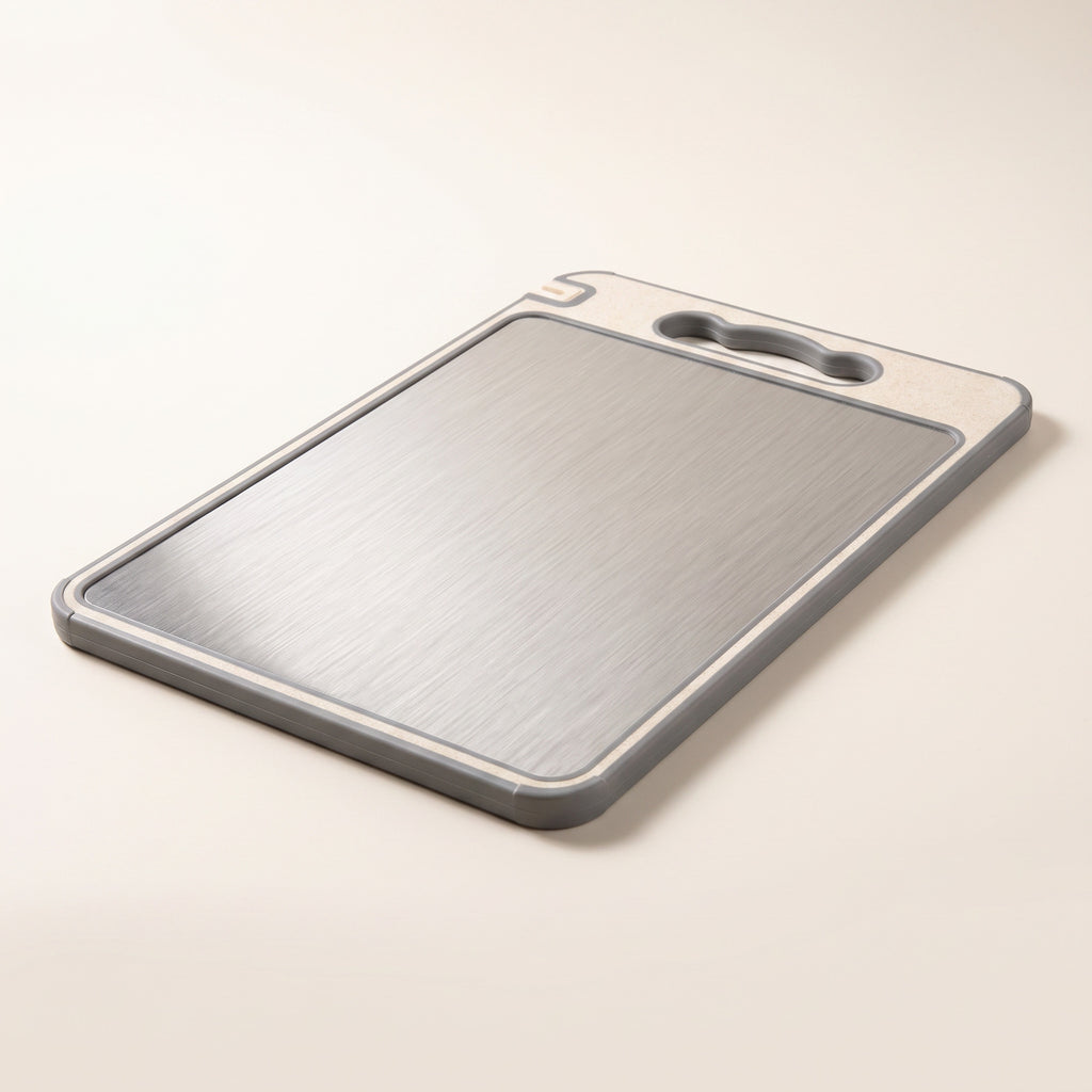 The cutting board at an angle, showing its 9mm thickness and soft grey rim