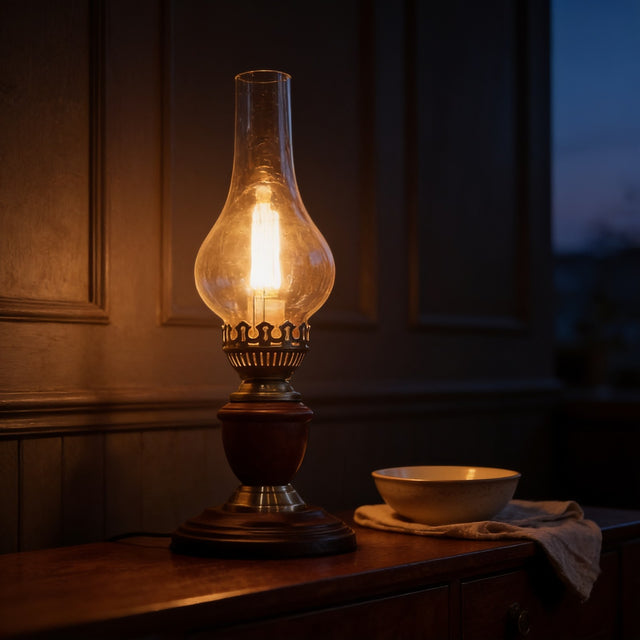 Vintage brass table lamp with a tall glass chimney on a dark wood sideboard