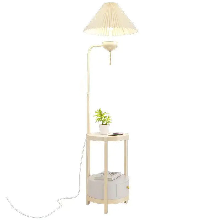 Floor lamp with built-in side table, white background
