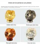 Lava rock glass lamp in gold, smoke grey, rose gold and silver