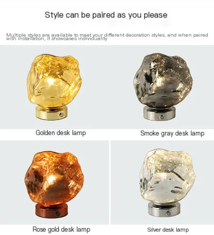 Lava rock glass lamp in gold, smoke grey, rose gold and silver
