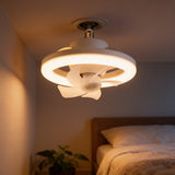 White E27 screw-in ceiling fan light fitted into a bedroom ceiling socket
