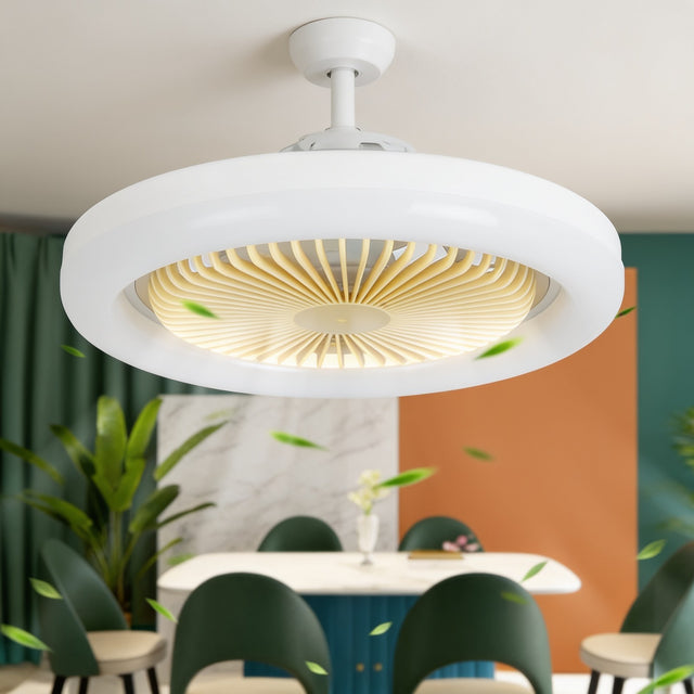 White LED ceiling fan light with visible blades above a dining table