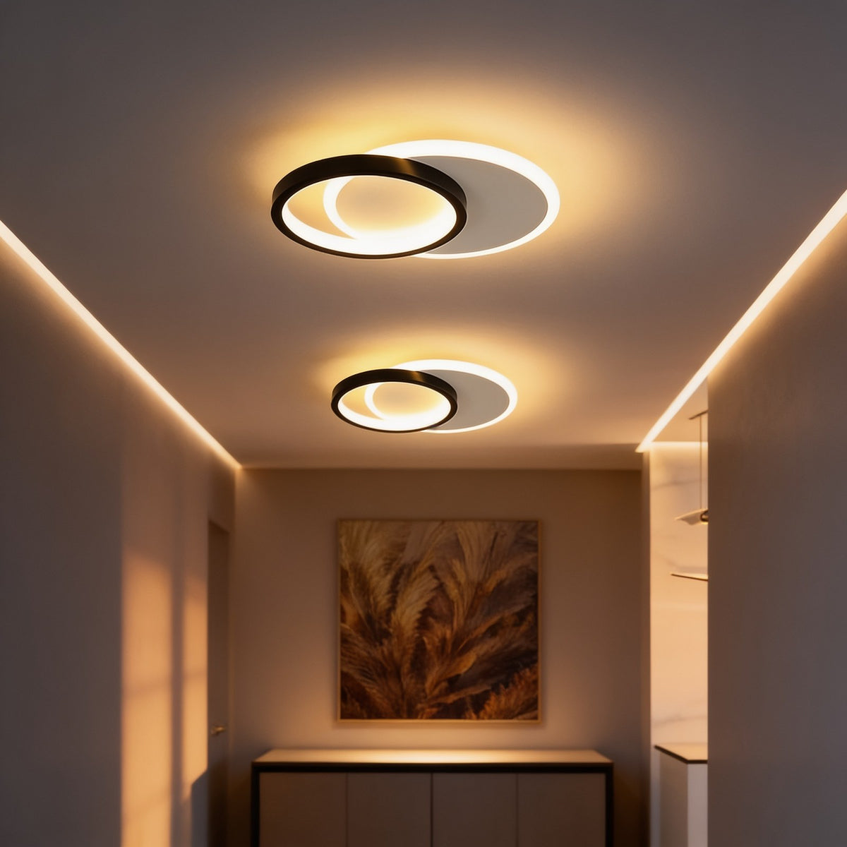 Overlapping black and white ring flush mount ceiling light in a hallway