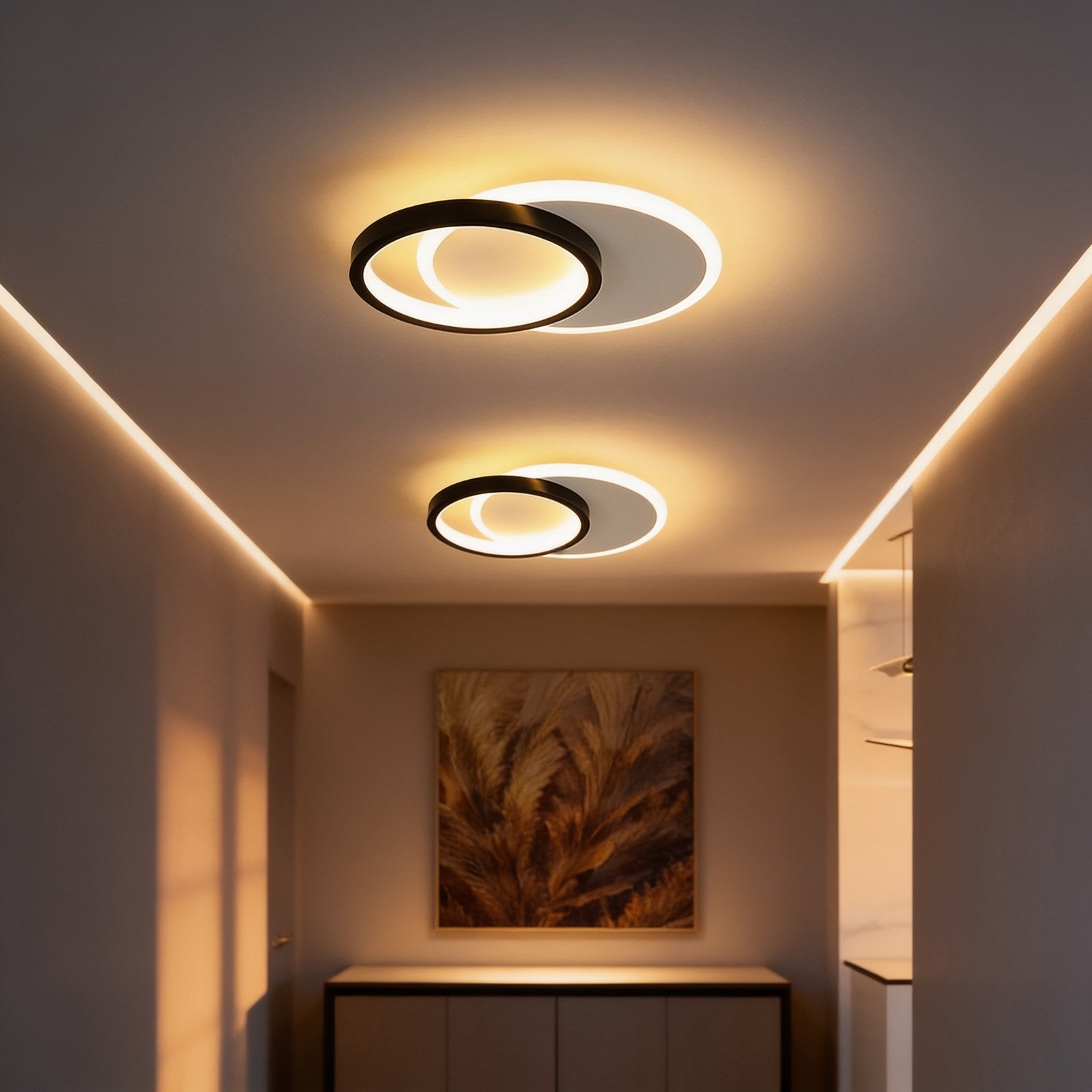 Overlapping black and white ring flush mount ceiling light in a hallway