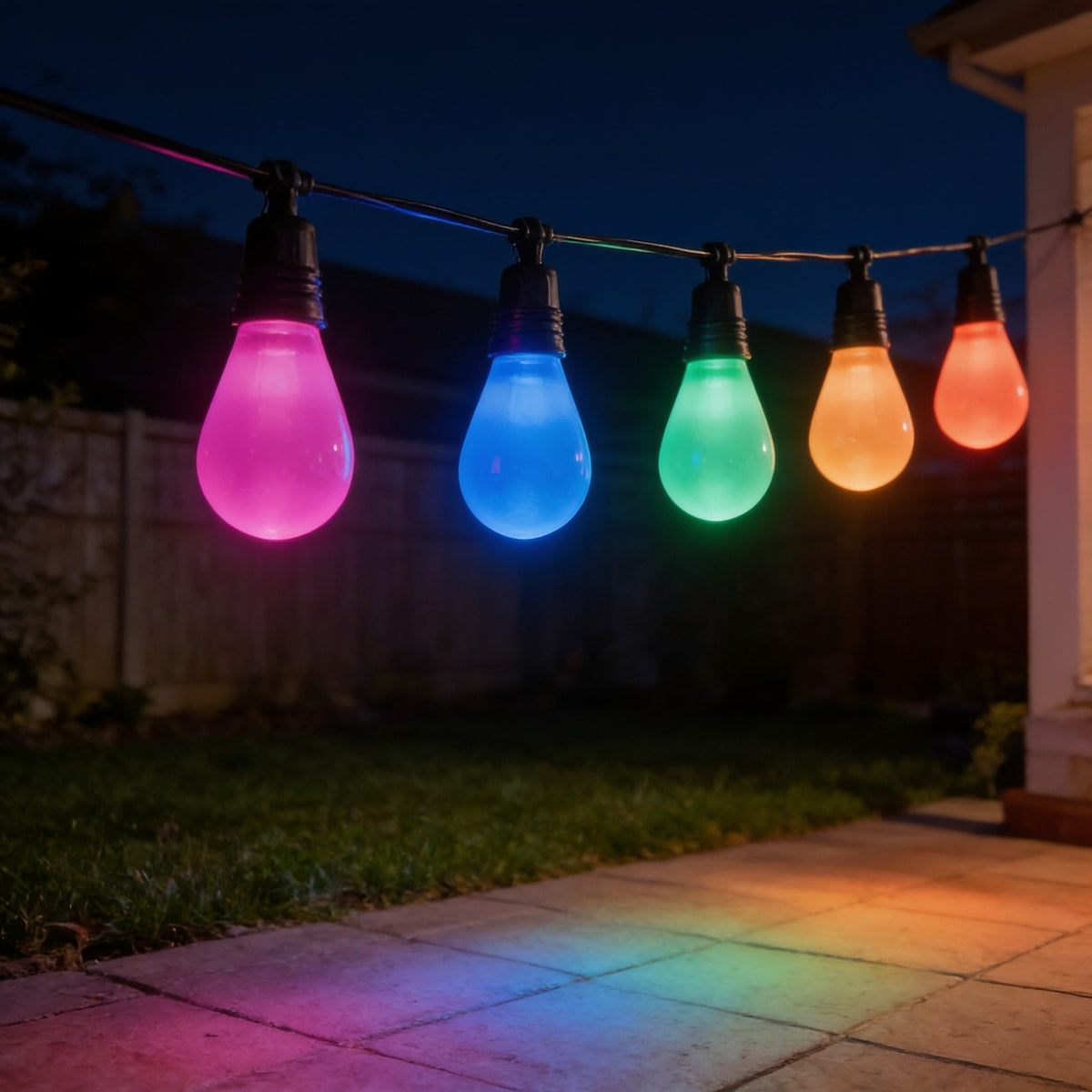 RGB colour-changing string lights glowing magenta, blue, green and orange over a patio