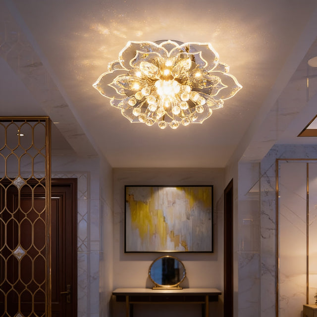 Crystal flower flush mount ceiling light scattering light across a hallway ceiling