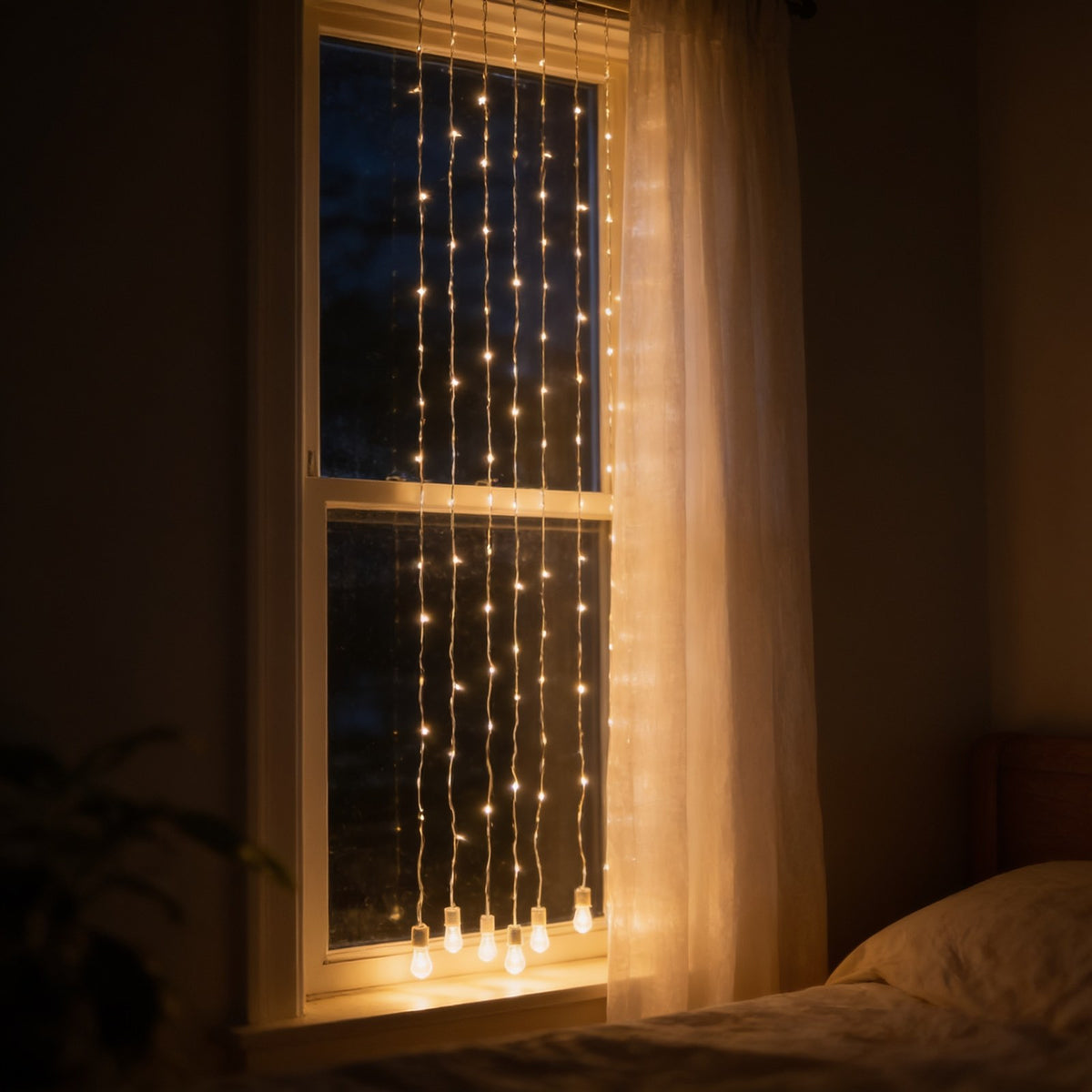 LED curtain string lights hanging down a bedroom window at night