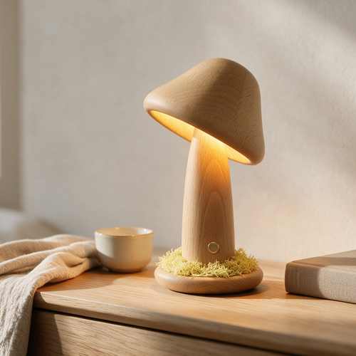 Premium bedside lifestyle scene with Art Deco Beech Wood Mushroom Table Lamp