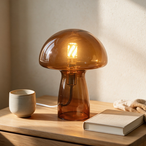 Premium bedside lifestyle scene with Art Deco Glass Mushroom Table Lamp