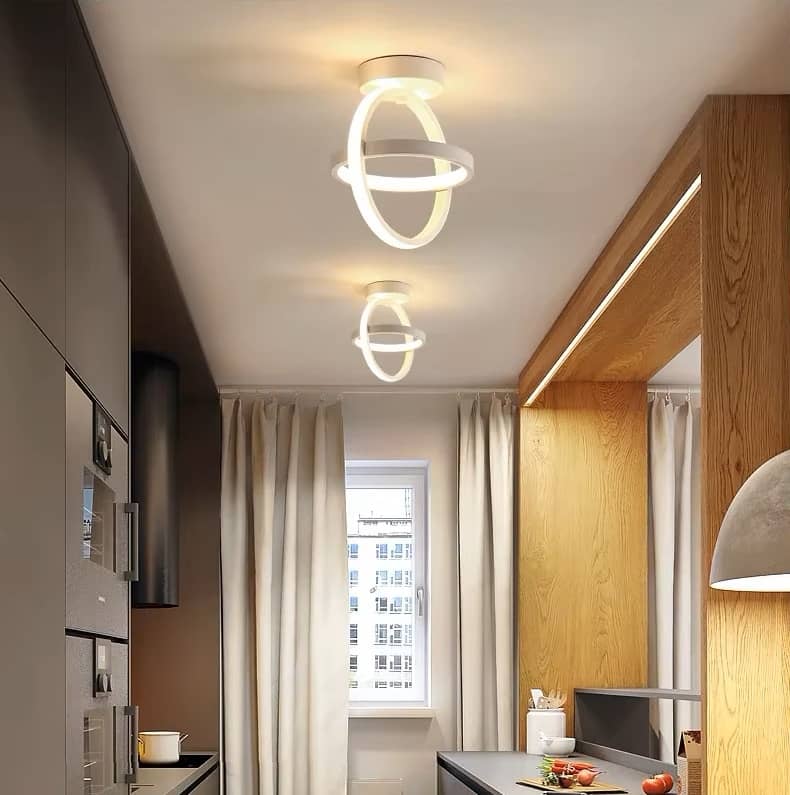 Two ring lights lit down a corridor