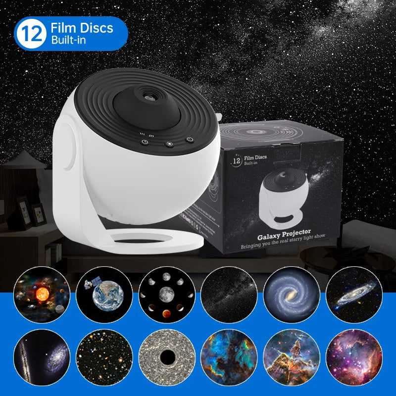 Twelve HD film discs included in the box, shown beside the projector and its packaging