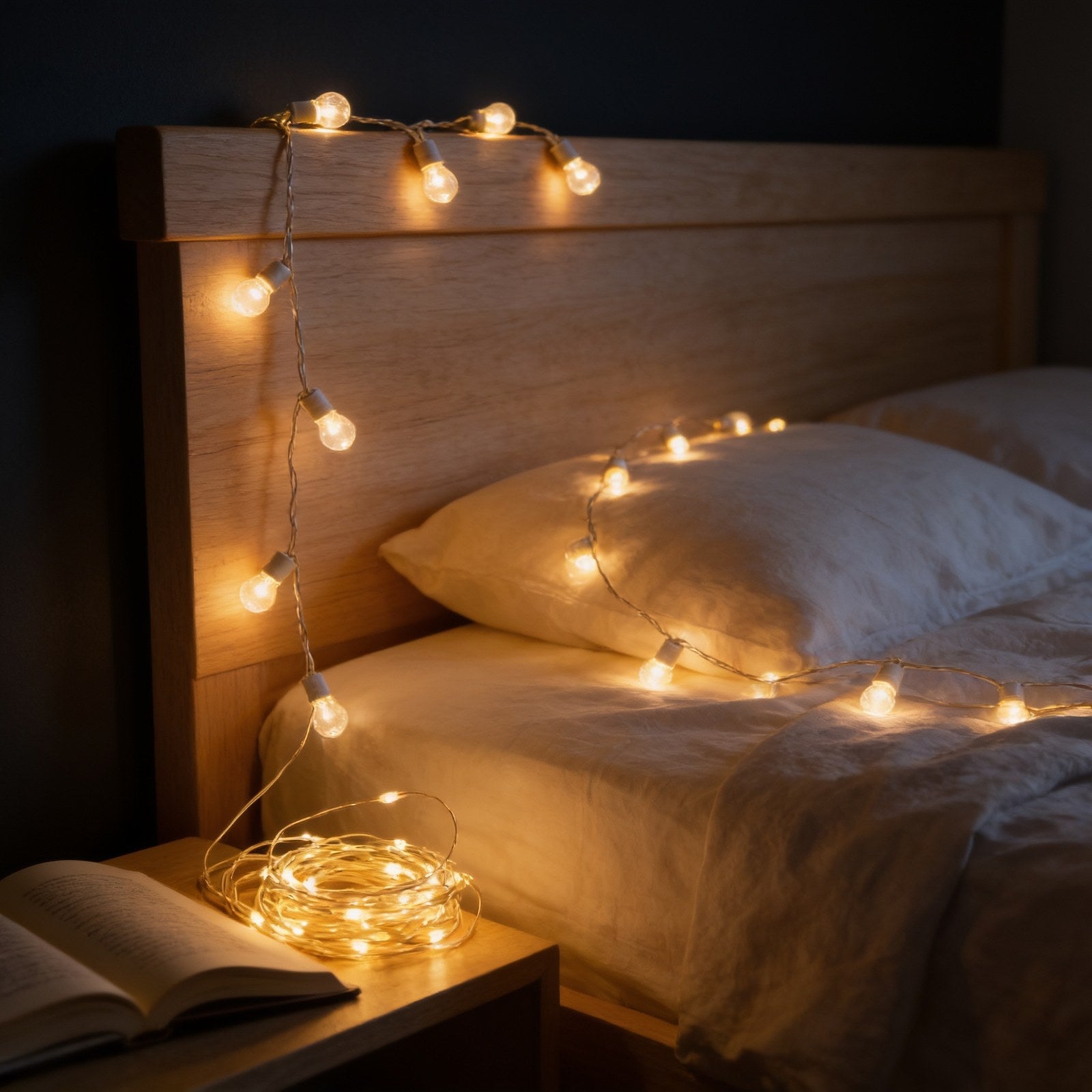 Copper wire fairy lights draped along a wooden headboard in a dark bedroom