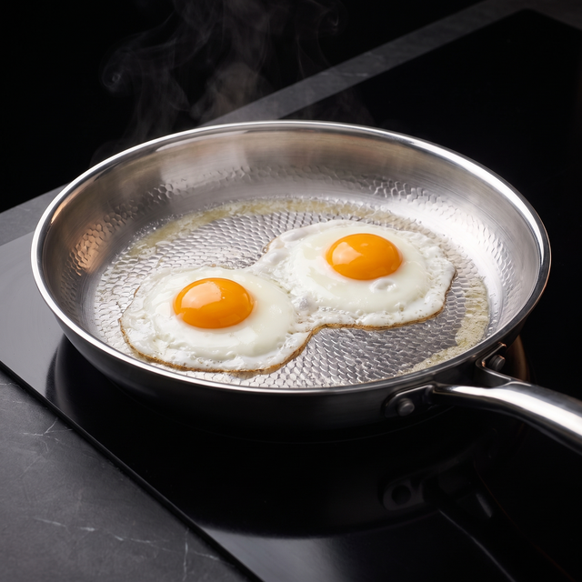 Two eggs frying on the hammered titanium surface of the pan on a black induction hob