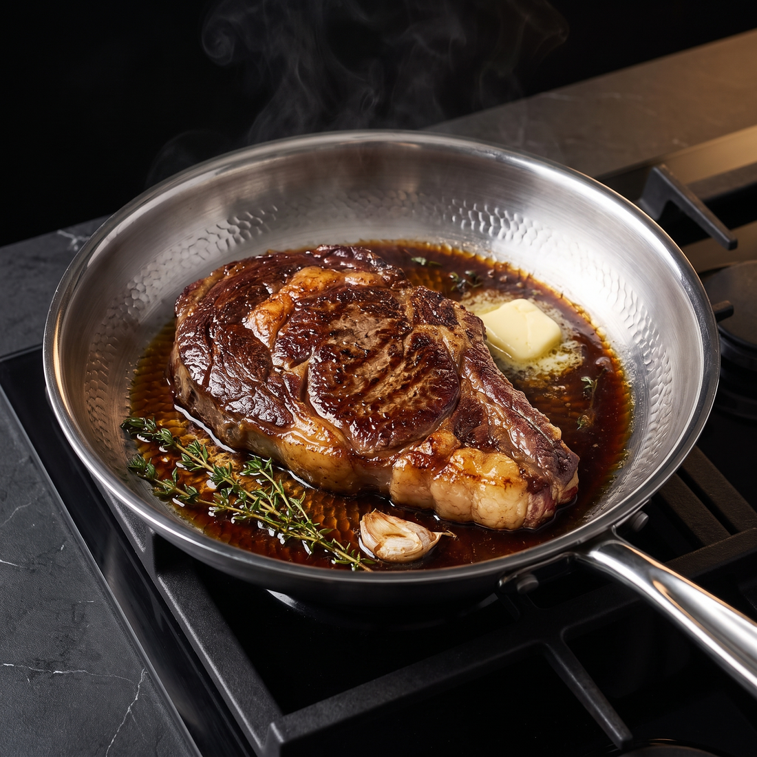 Close view of a seared steak in the titanium pan, pan sauce reducing around it