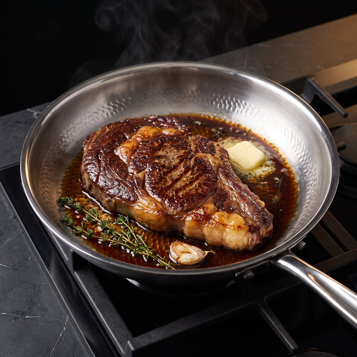 Close view of a seared steak in the titanium pan, pan sauce reducing around it