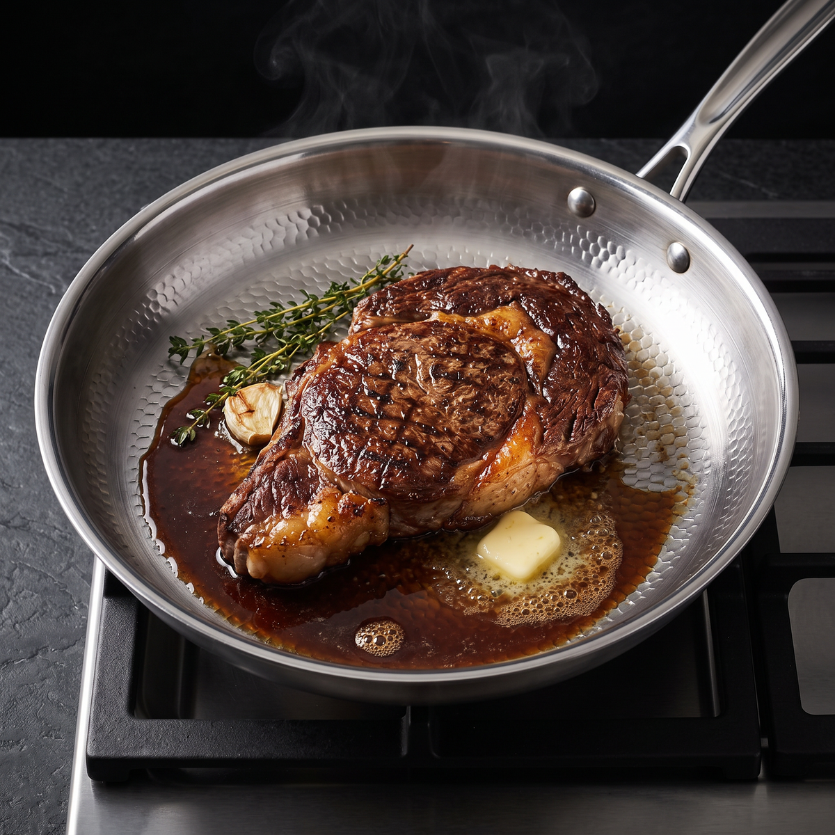 A seared steak resting in the titanium pan with butter, thyme, garlic and pan sauce