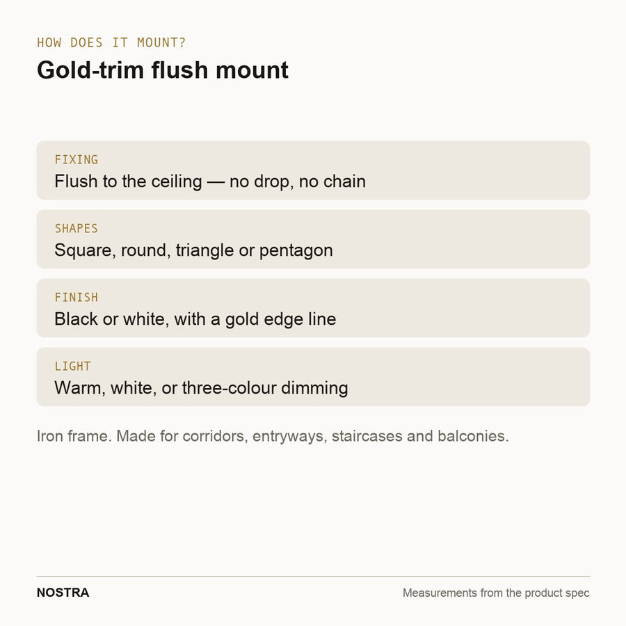 Mounting diagram: flush to the ceiling, four shapes available