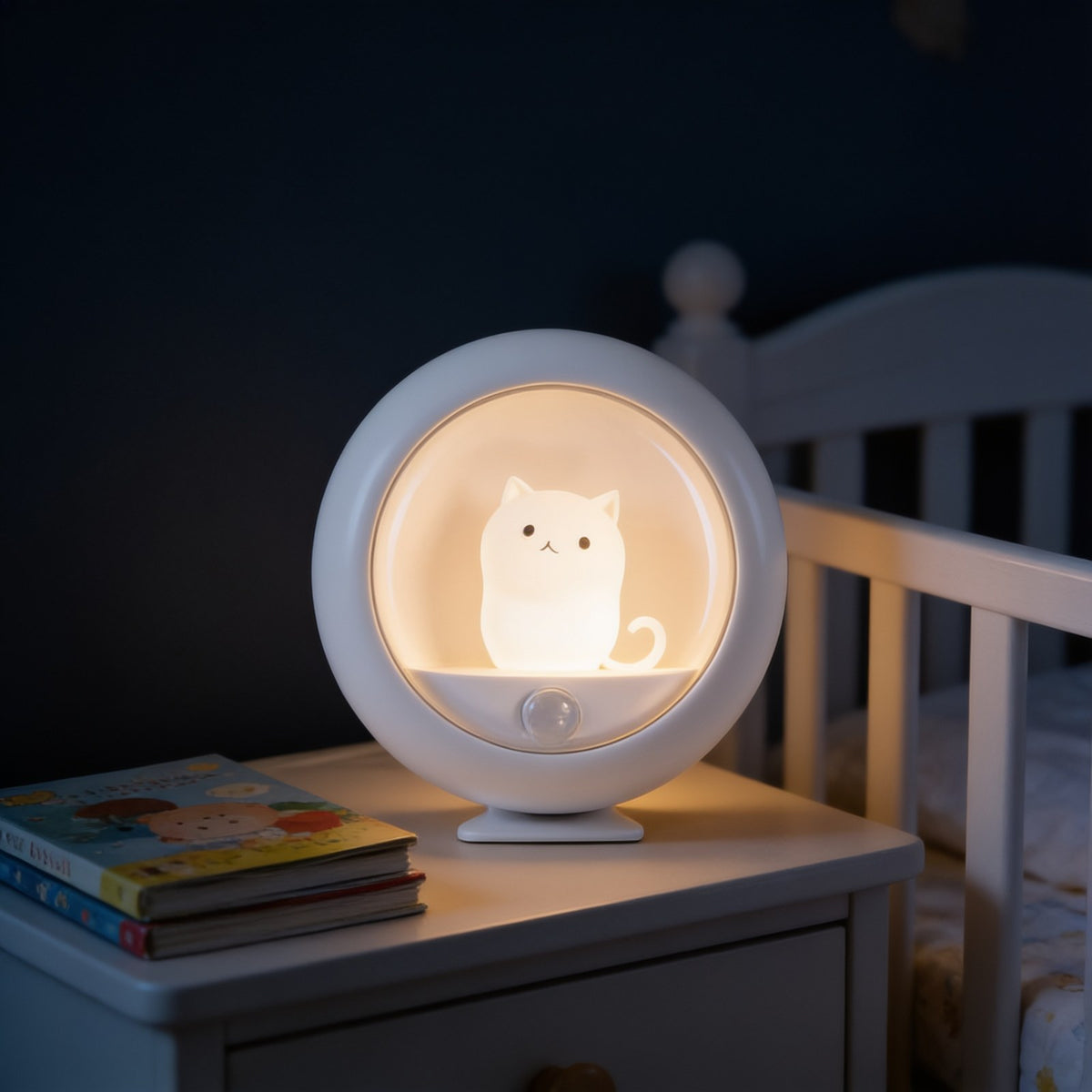 White cat night light glowing warm on a child's bedside table