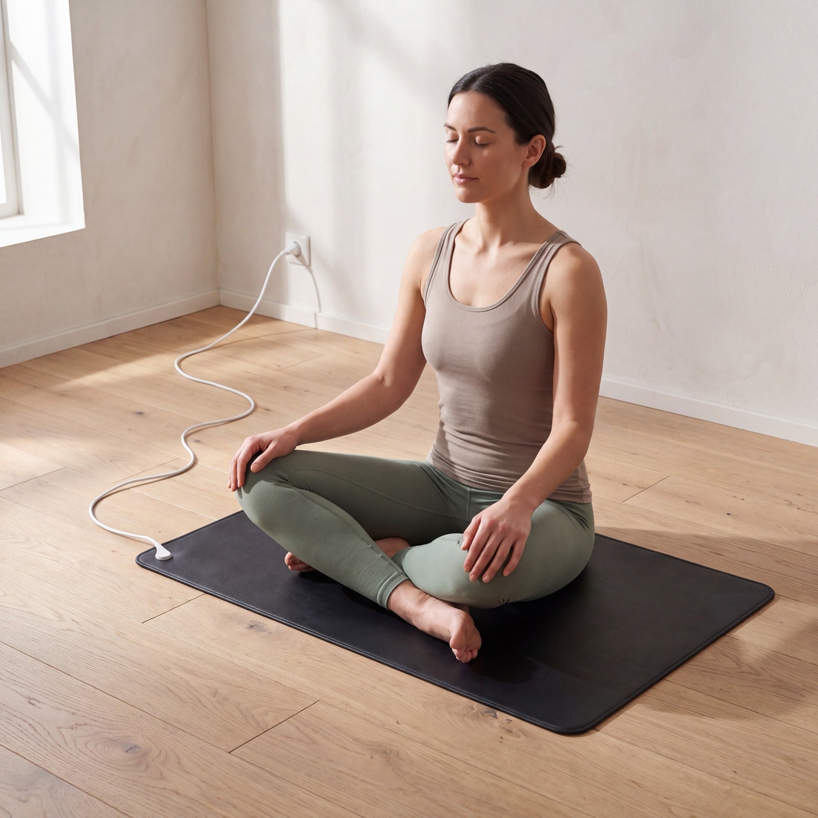 A woman sitting cross-legged on the Nostra Grounding Mat, plugged into the wall