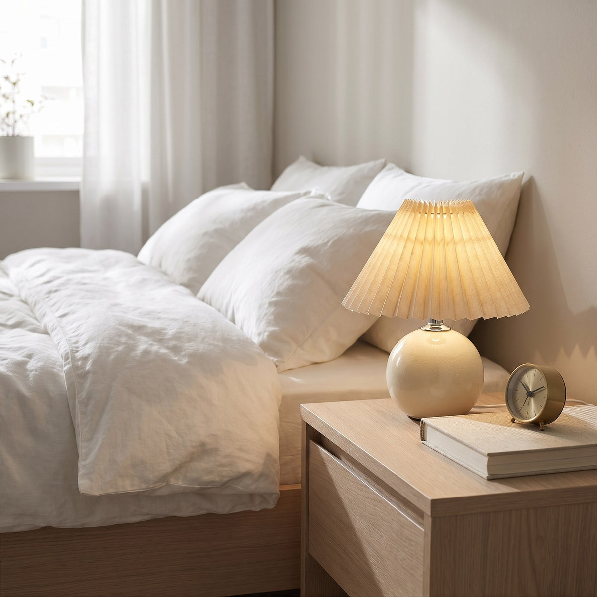 Mini ceramic table lamp with pleated shade glowing on a bedroom nightstand beside a book and clock